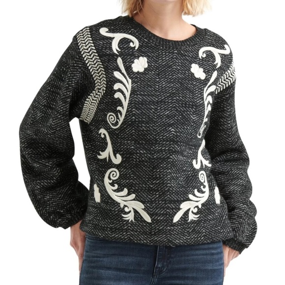 Lucky Brand Black & White Embroidered Boxy High-Low Pullover Crewneck Sweater - Picture 1 of 9